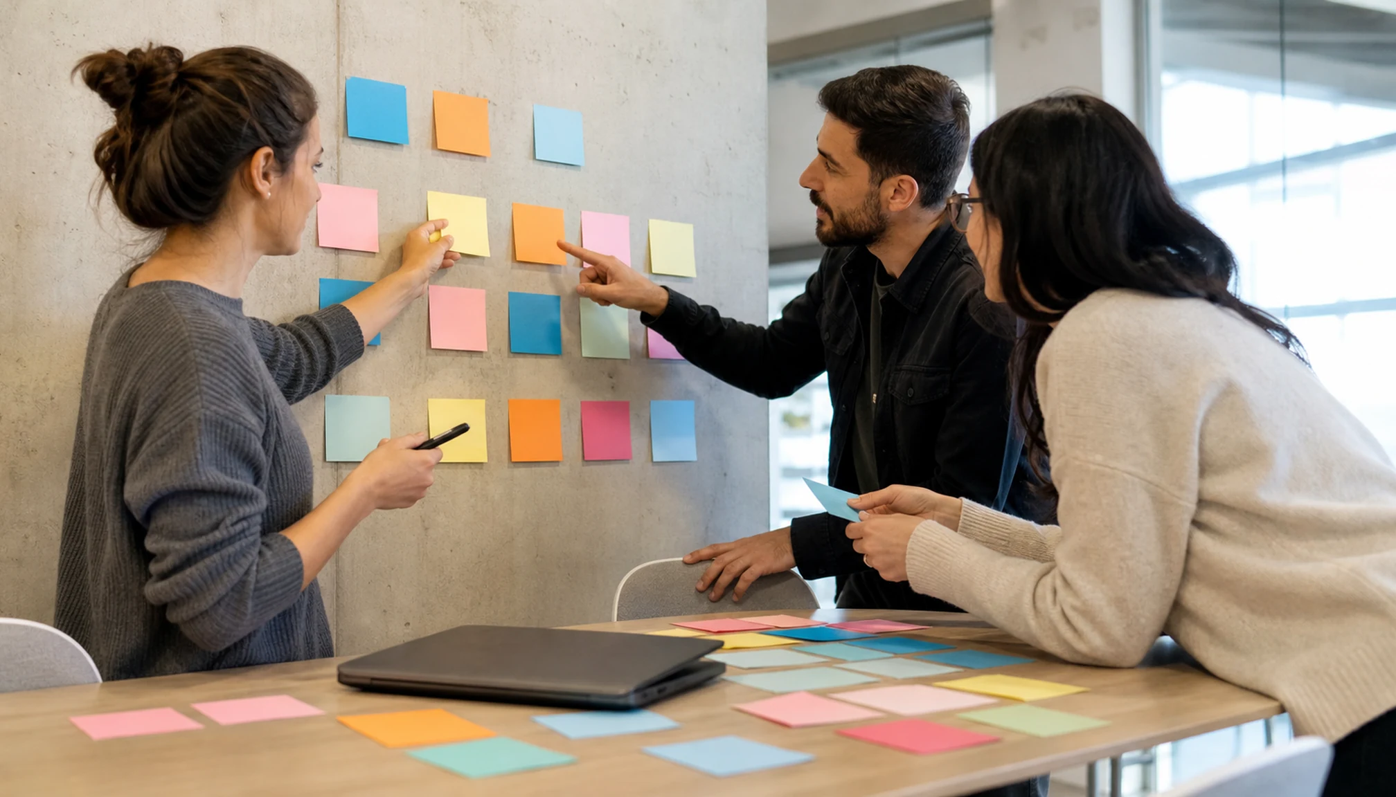 Trois adultes construisent un flux de travail pendant une formation digitale