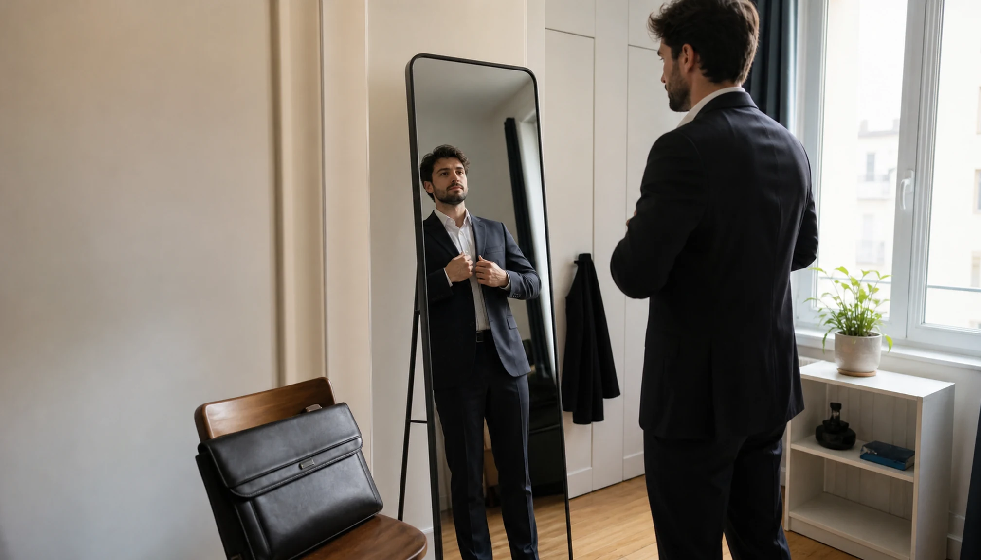 Un candidat ajuste sa tenue avant un entretien professionnel
