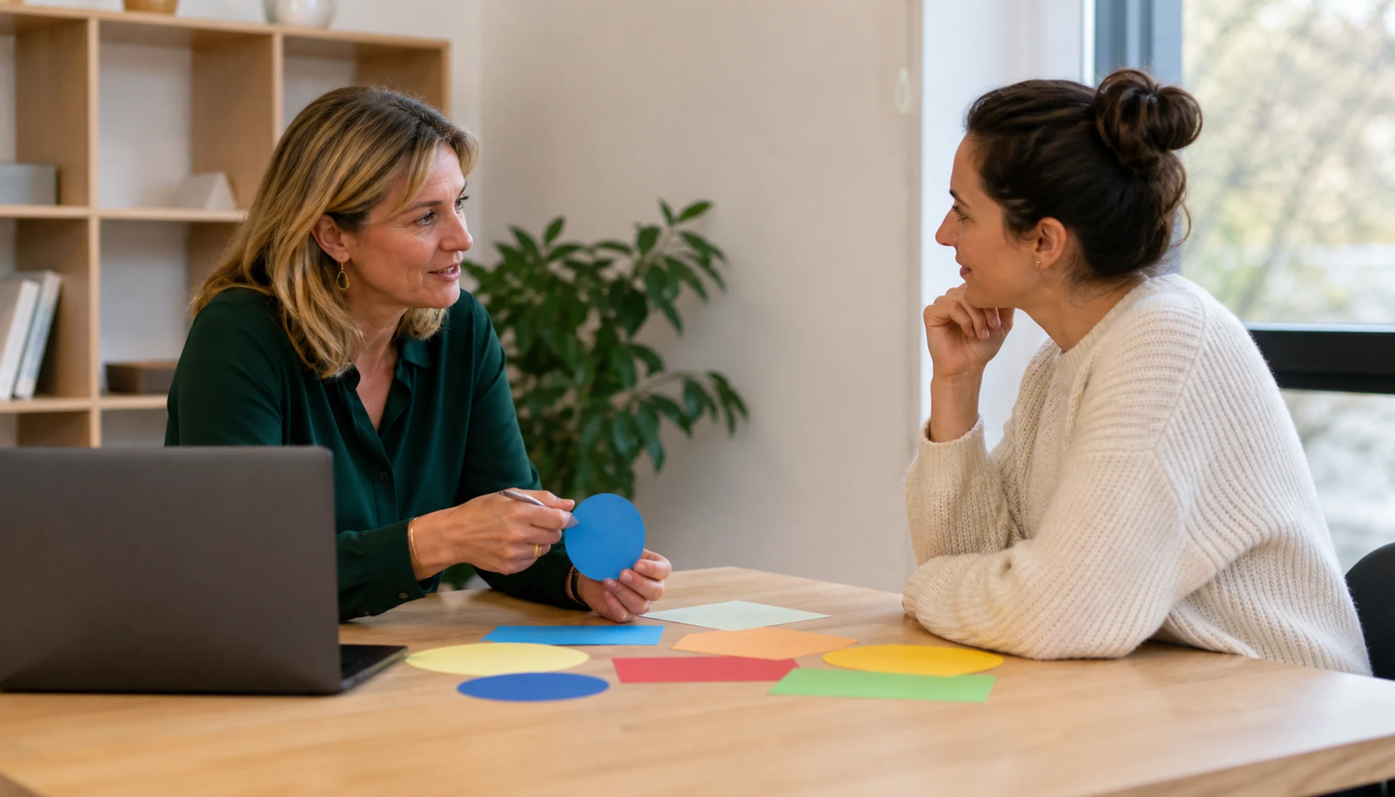 Une coach accompagne une apprenante dans un exercice de planification