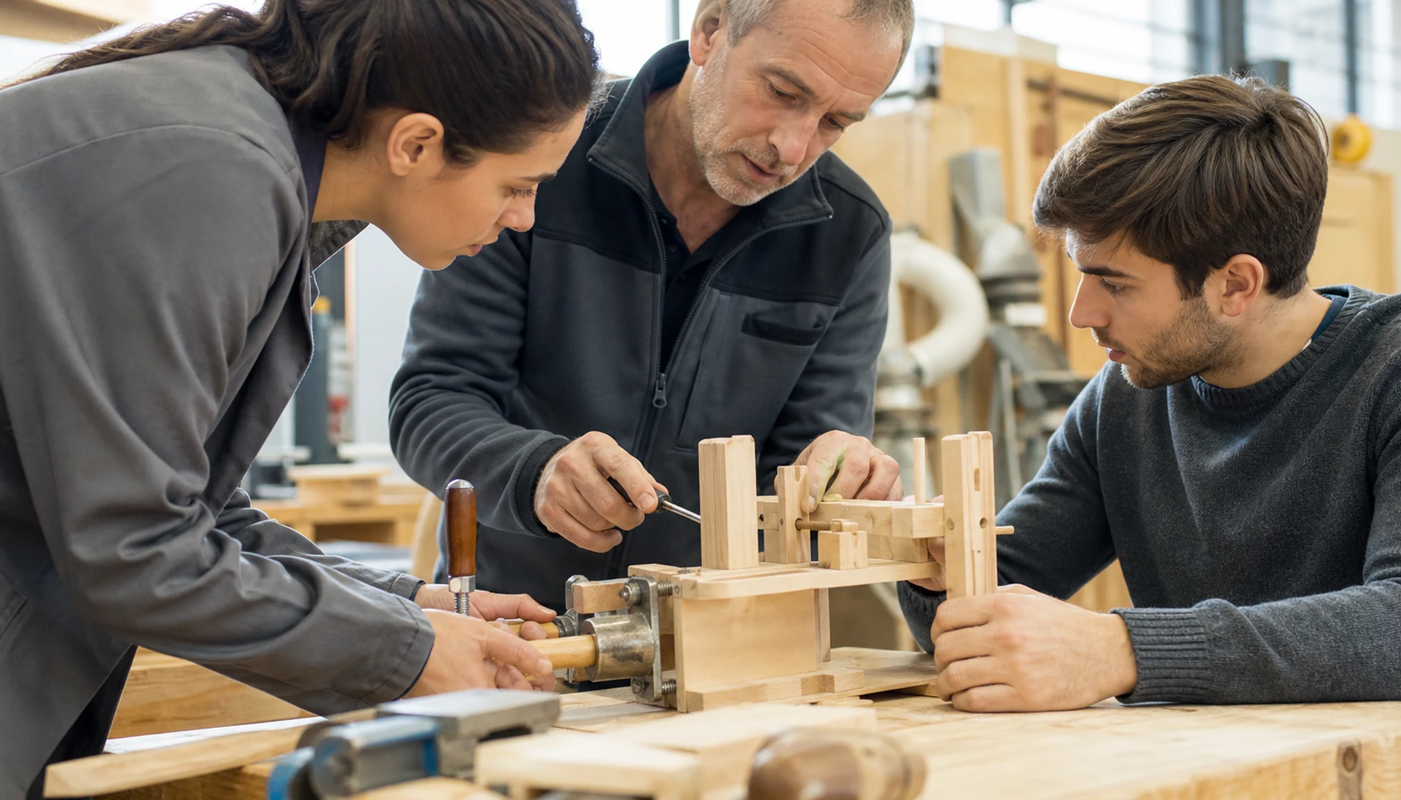 Deux apprenants réalisent un exercice pratique avec leur formateur
