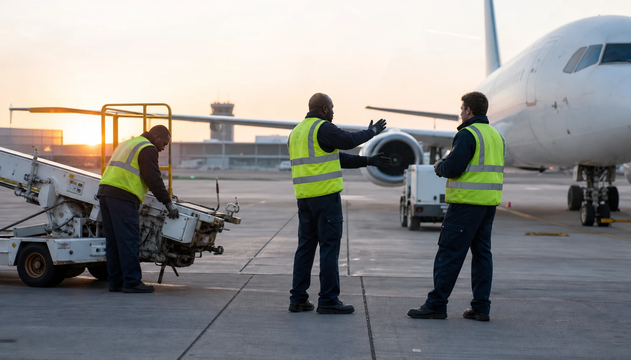 Des agents de piste préparent le départ d’un avion