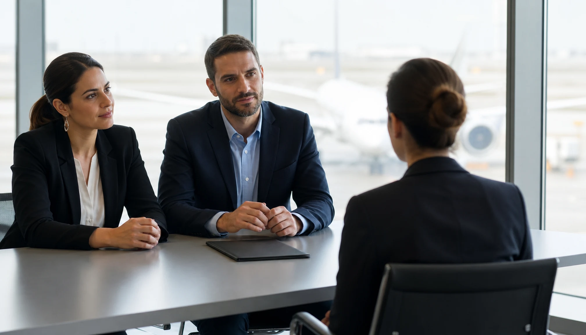 Une candidate passe un entretien pour un emploi aéroportuaire
