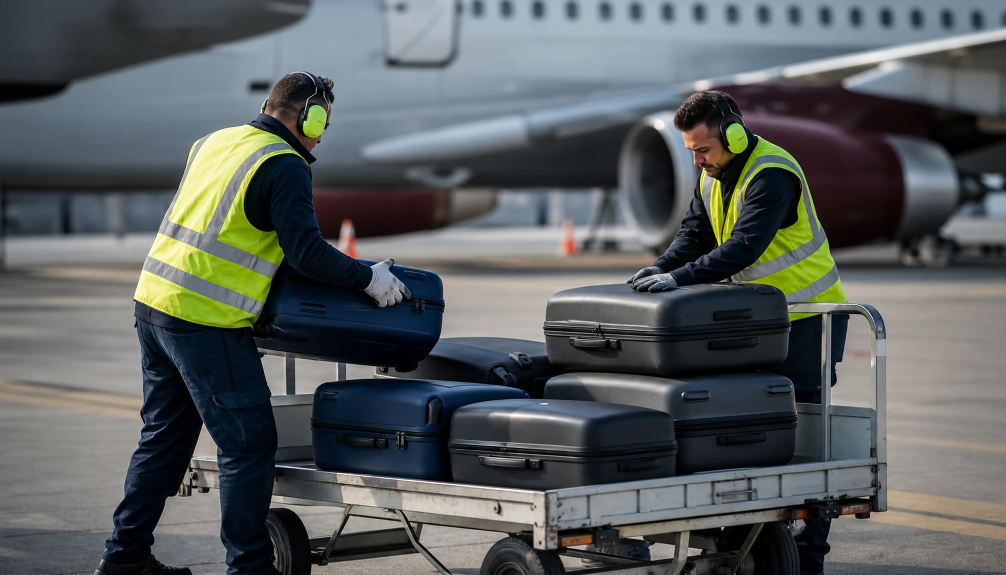 Deux agents réalisent une opération de chargement de bagages