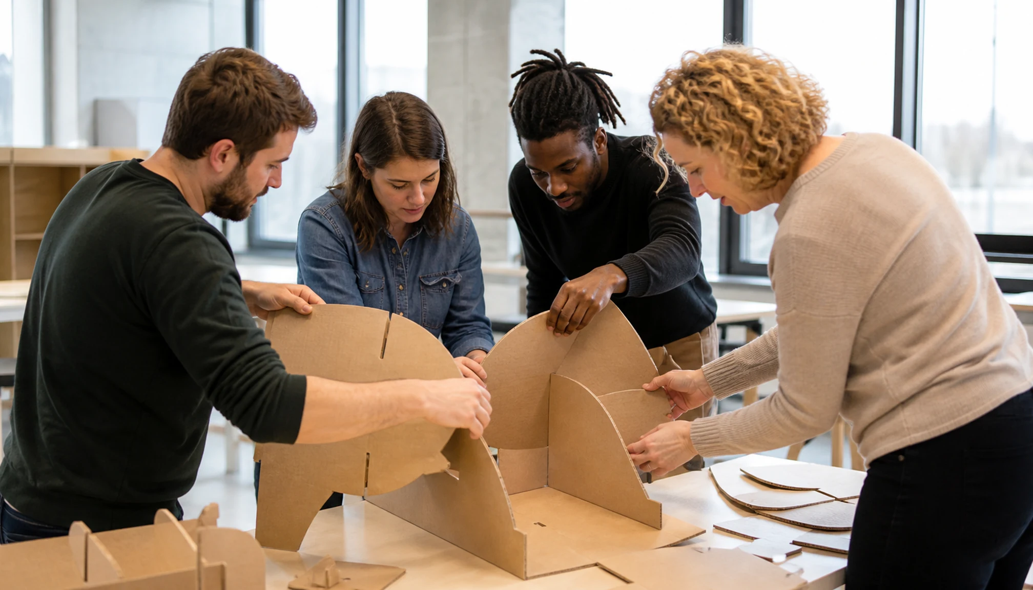 Quatre adultes résolvent un problème pendant un atelier de formation