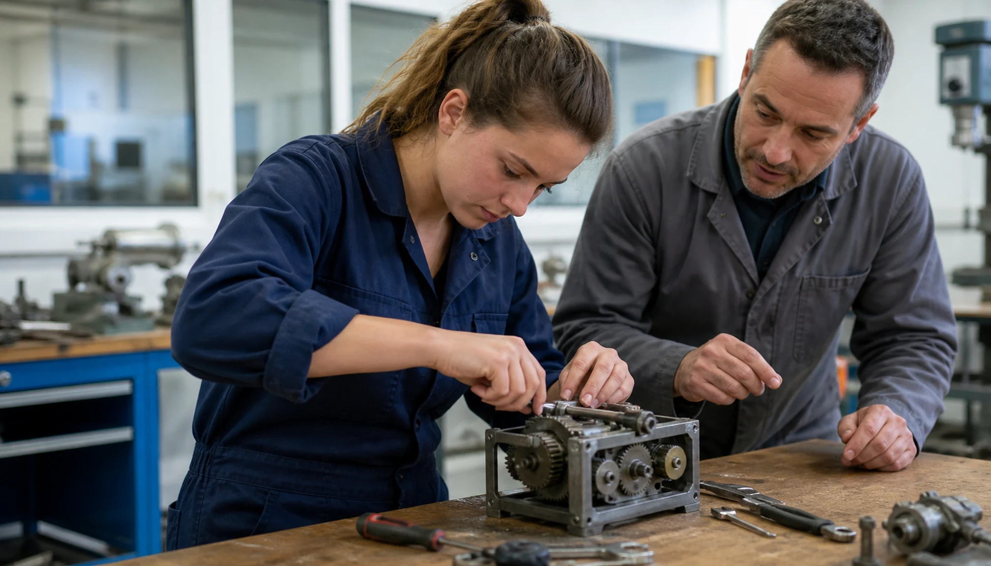 Une apprenante réalise une simulation de maintenance avec son formateur