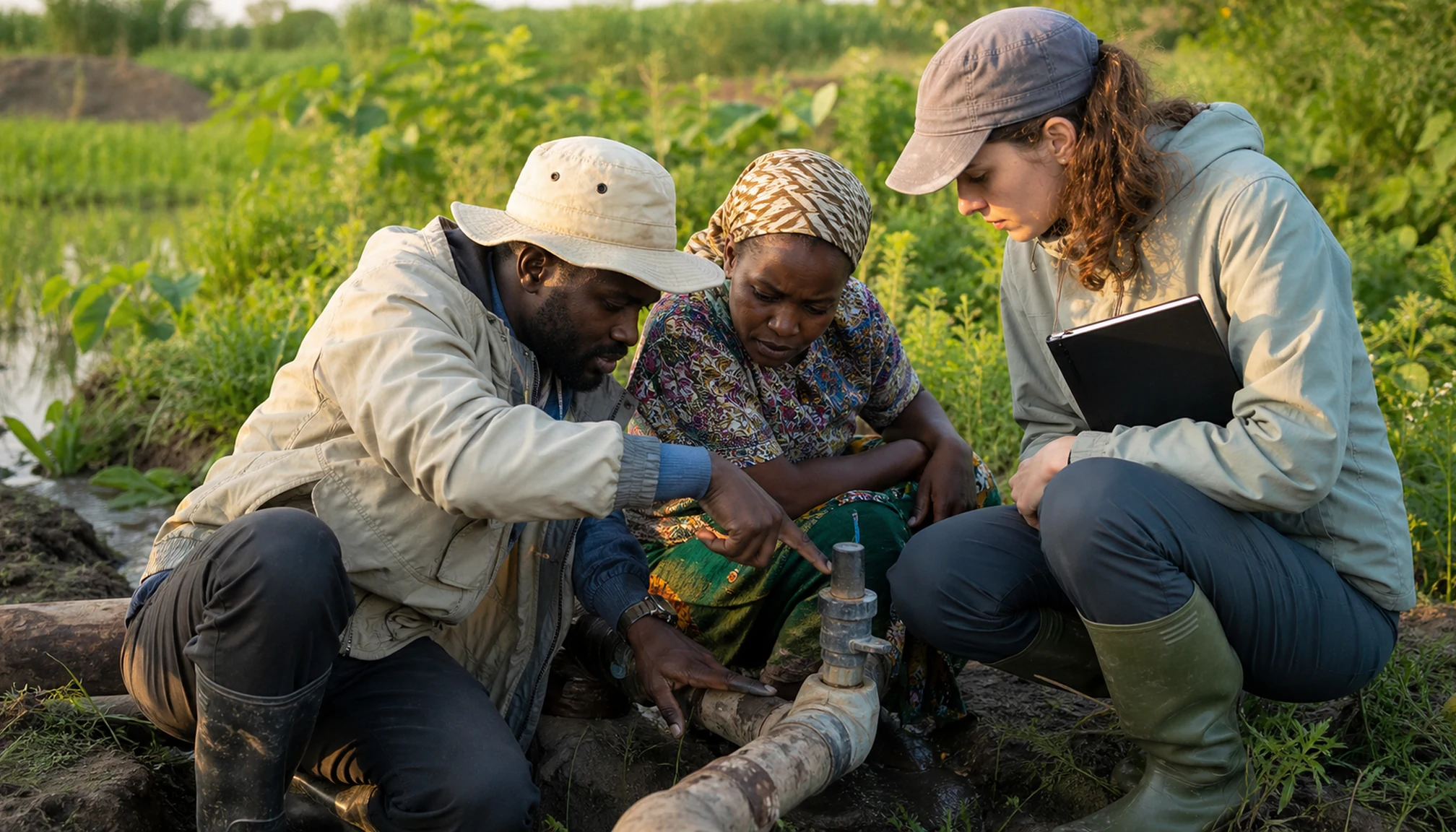 Des spécialistes inspectent un projet d’irrigation sur le terrain
