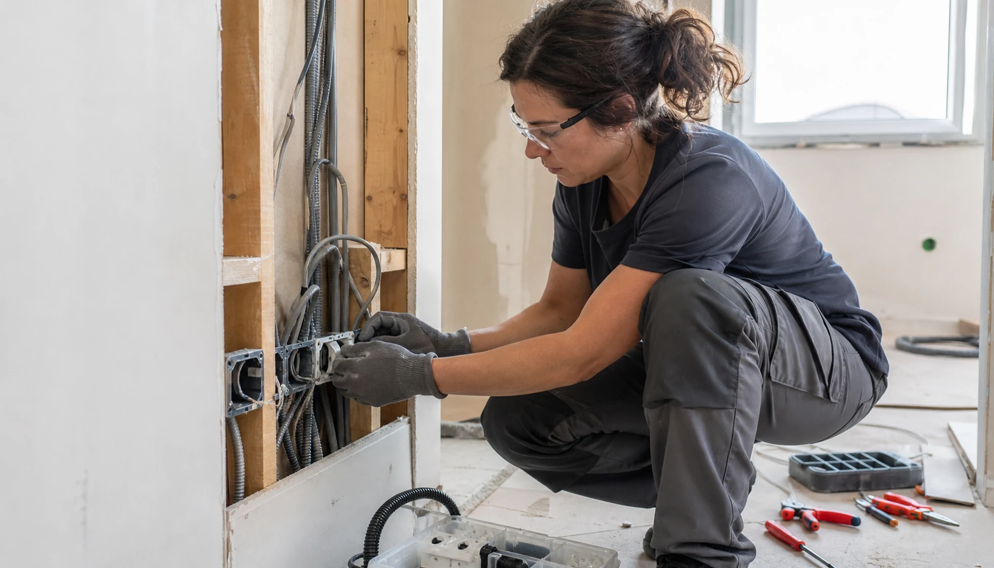 Une électricienne intervient dans une pièce en rénovation