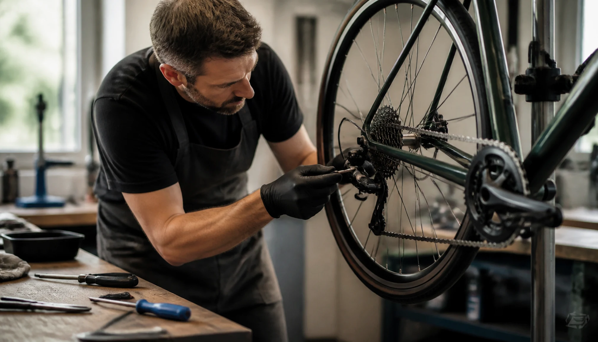 Un mécanicien règle le dérailleur d’un vélo en atelier