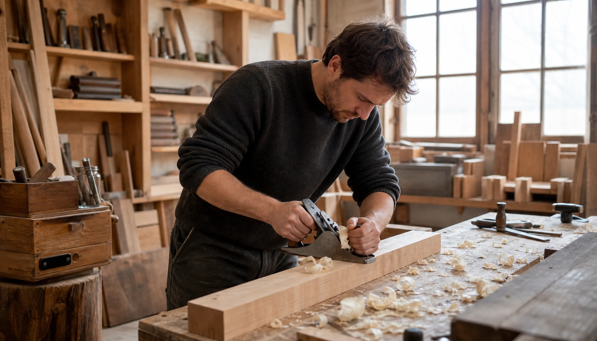 Un ébéniste travaille une pièce de bois dans son atelier