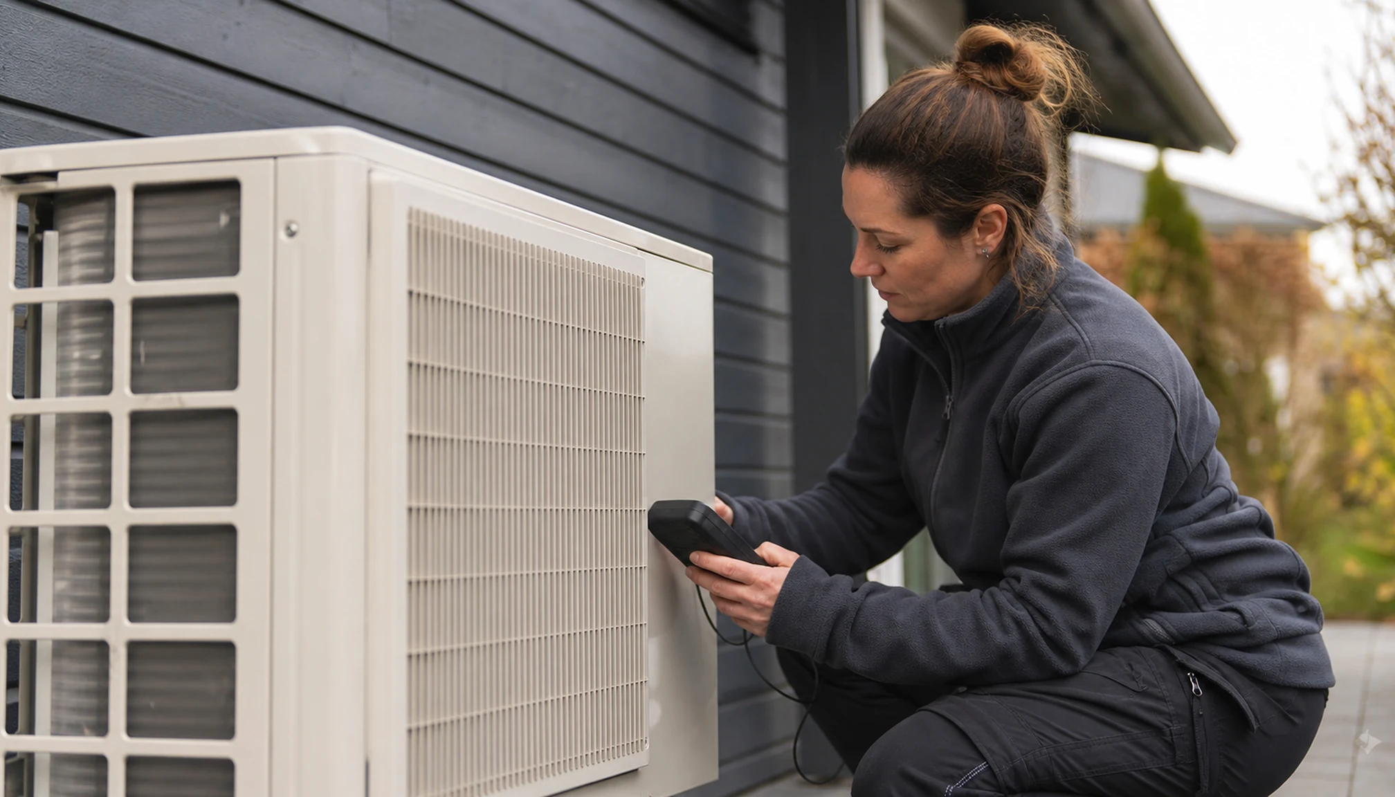 Une technicienne contrôle une pompe à chaleur extérieure
