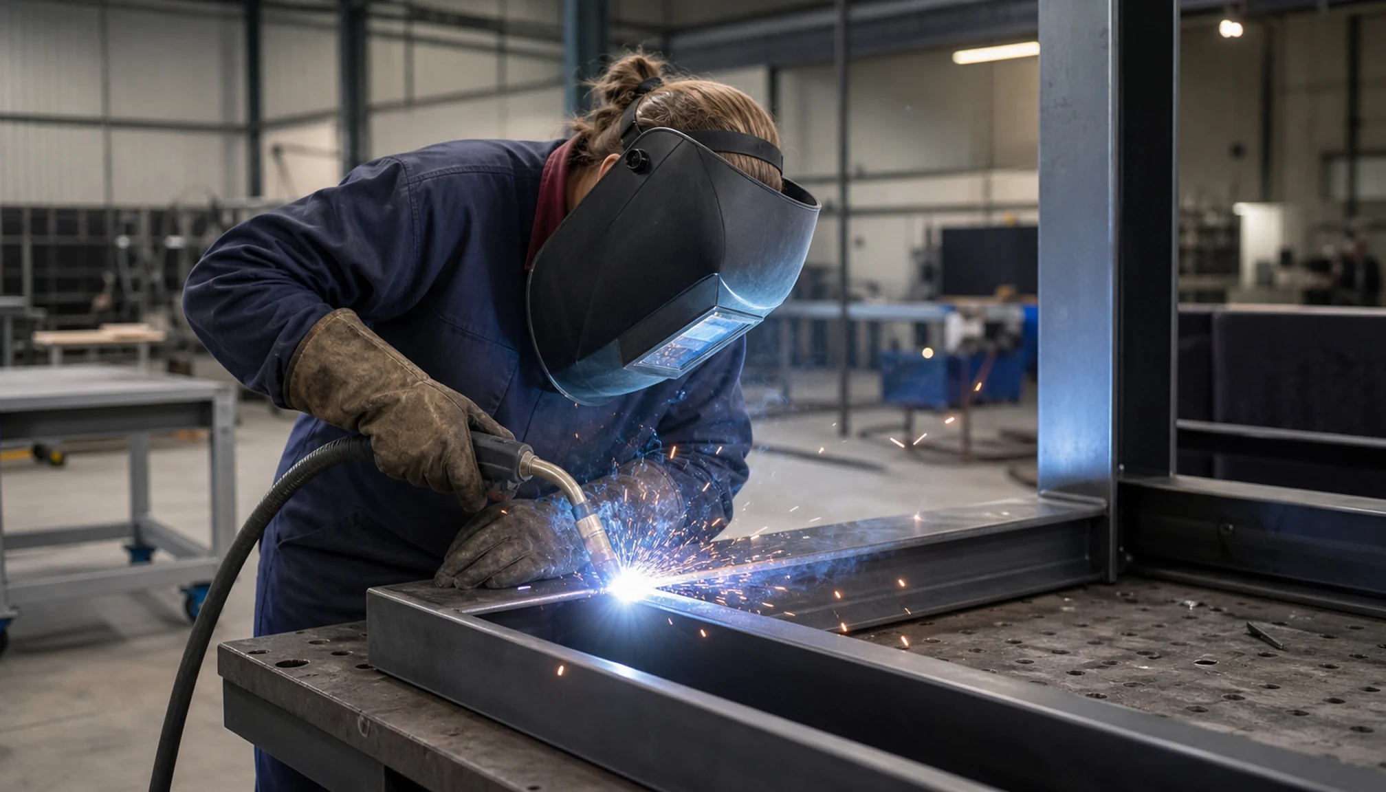 Une soudeuse assemble une structure métallique dans un atelier