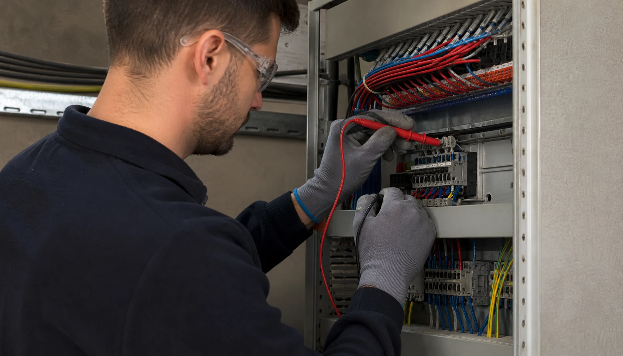 Un technicien réalise un contrôle électrique dans une installation industrielle