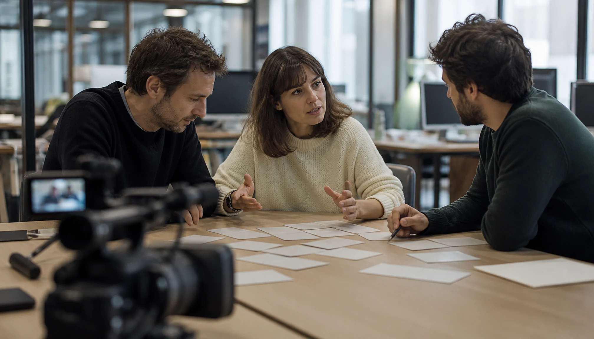 Trois journalistes participent à une conférence de rédaction