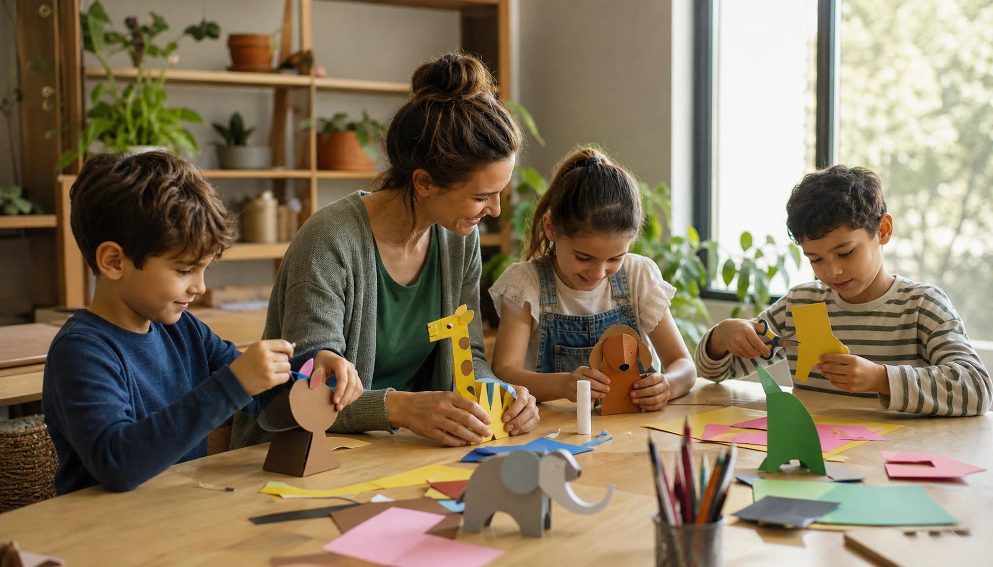 Une animatrice accompagne trois enfants pendant une activité créative en carton