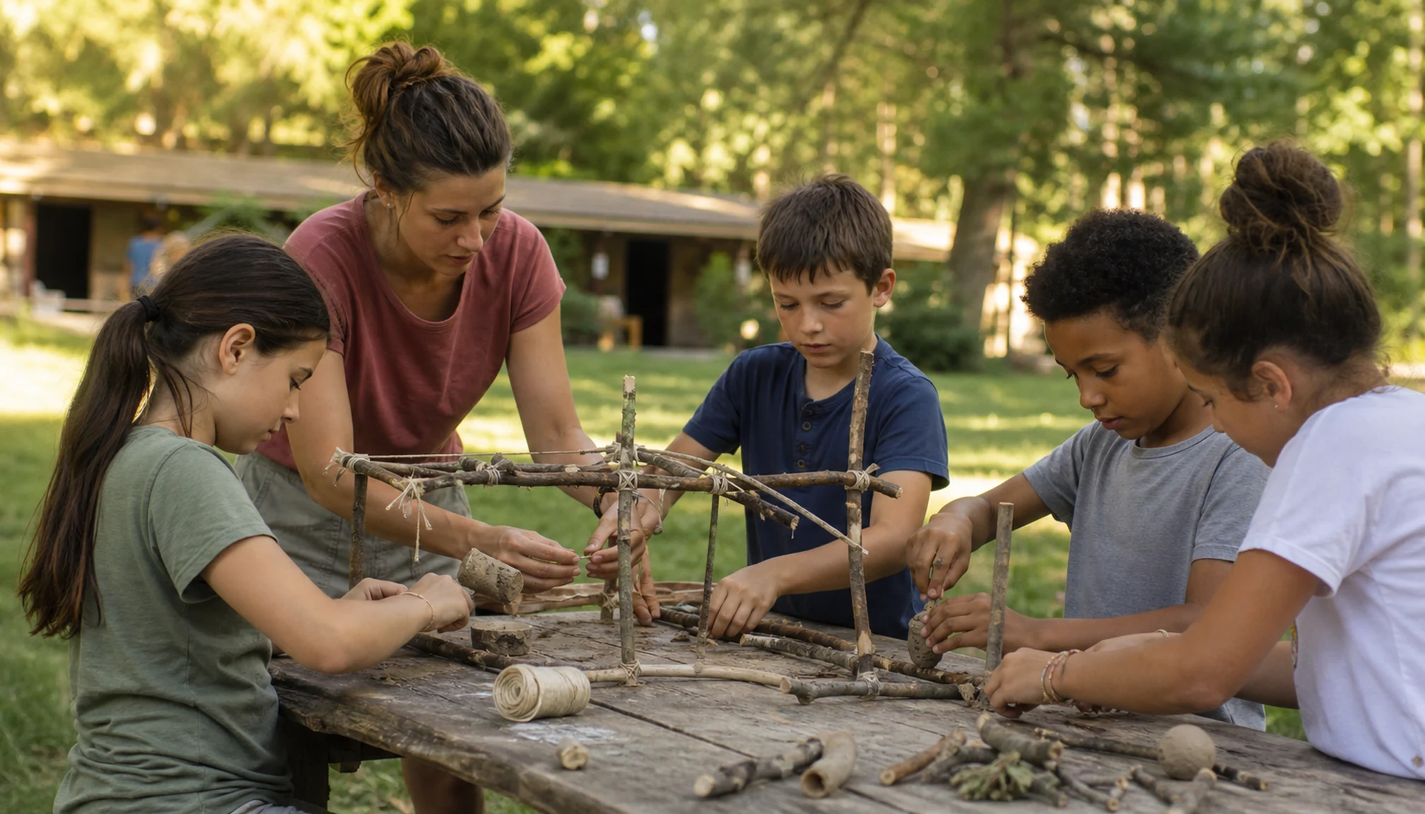 Une animatrice guide quatre enfants pendant une activité créative en plein air